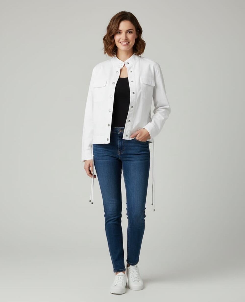 Liz Claiborne Denim Jacket Straps White Button Closure White Size Small Petite
